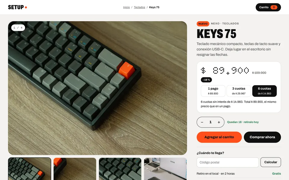 Ficha del teclado Keys 75 con cuotas y cálculo de envío